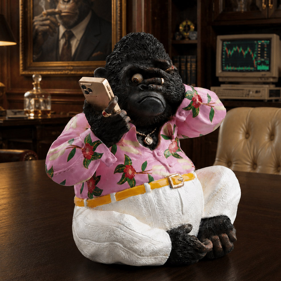 Wealthy gorilla checking the stock market on a smartphone