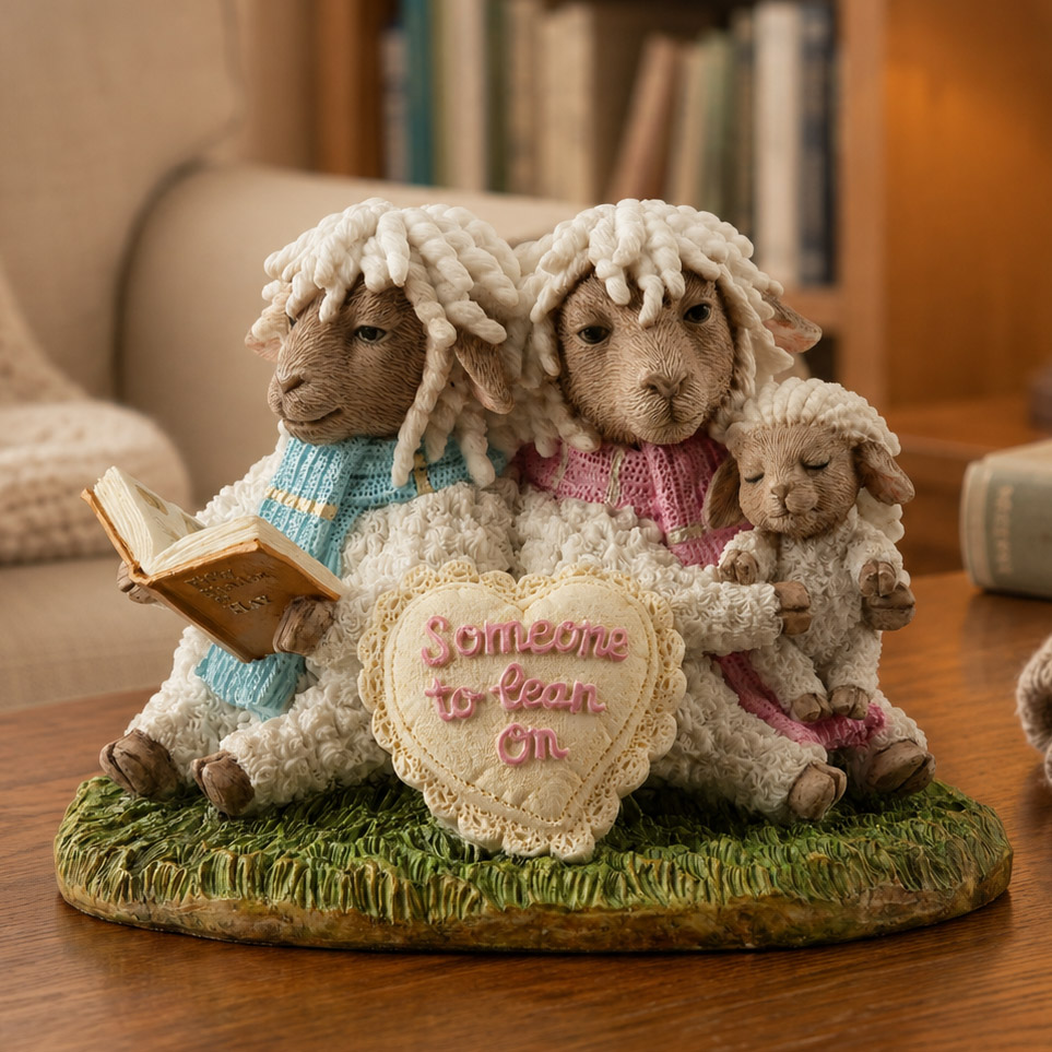 Sheep family sculpture with a heart reading Someone to Lean On