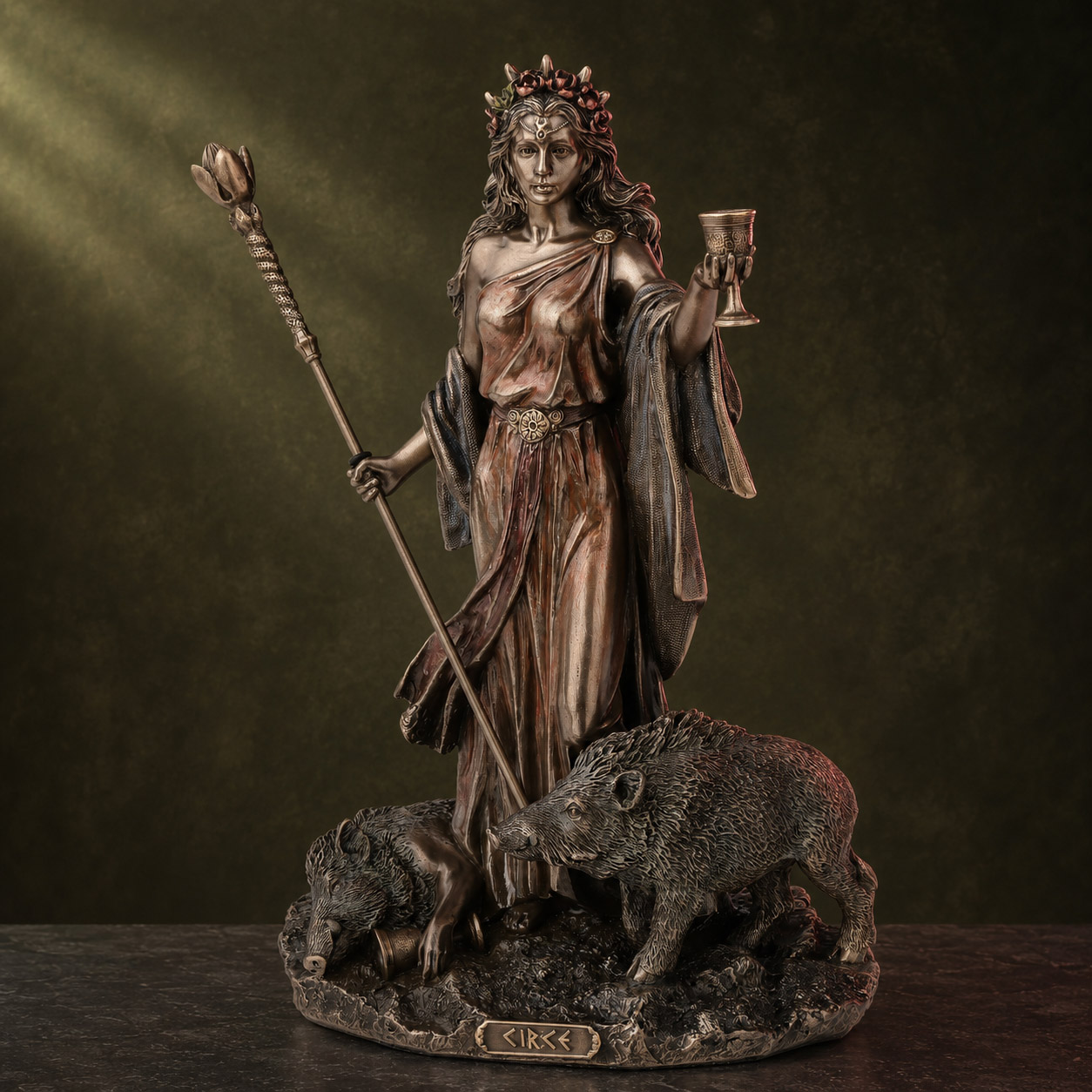 Circe Greek enchantress sculpture with wild boars