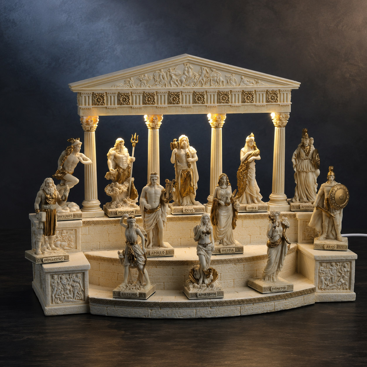 Greek gods and goddesses displayed in an Olympian temple collection